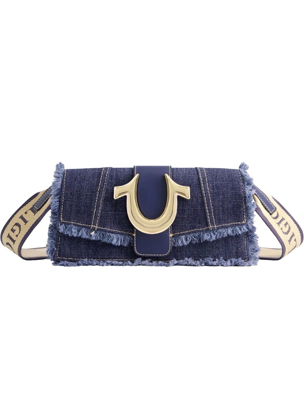 True Religion Denim Crossbody with Navy and Tan Strap